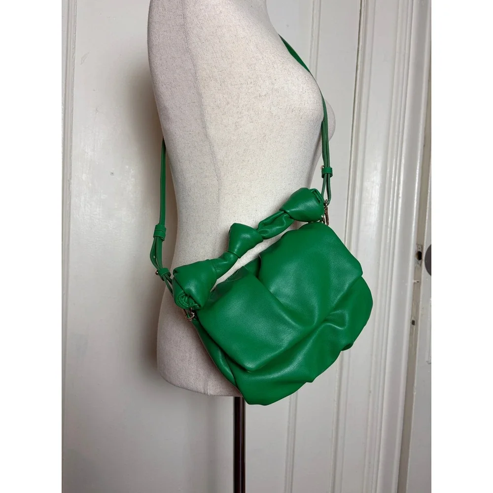 Zara Green Knotted Soft Crossbody Bag Faux Leather Pouch Clutch Gold Hardware